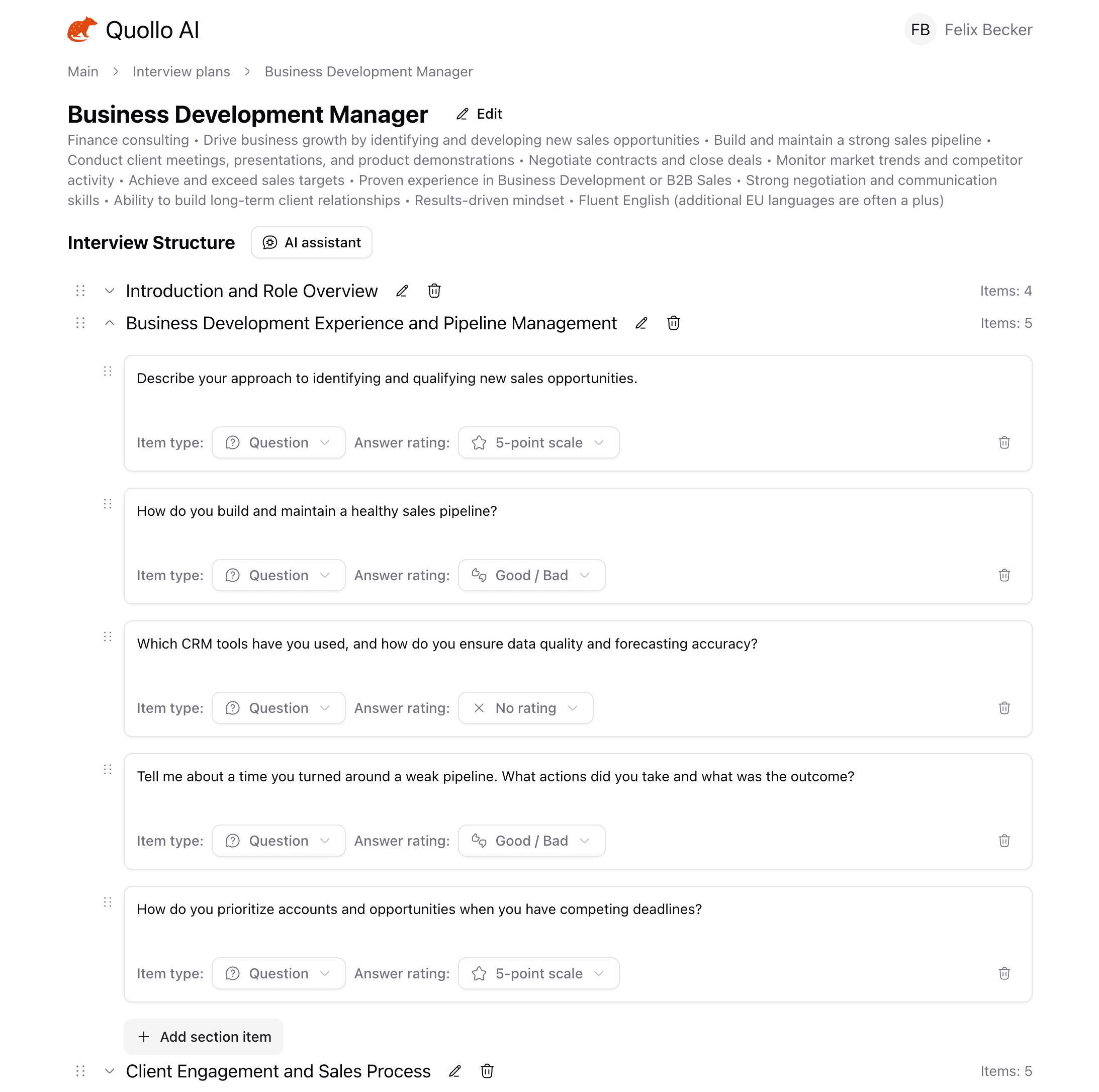 Quollo AI platform — interview plan builder with AI-generated sections and questions
